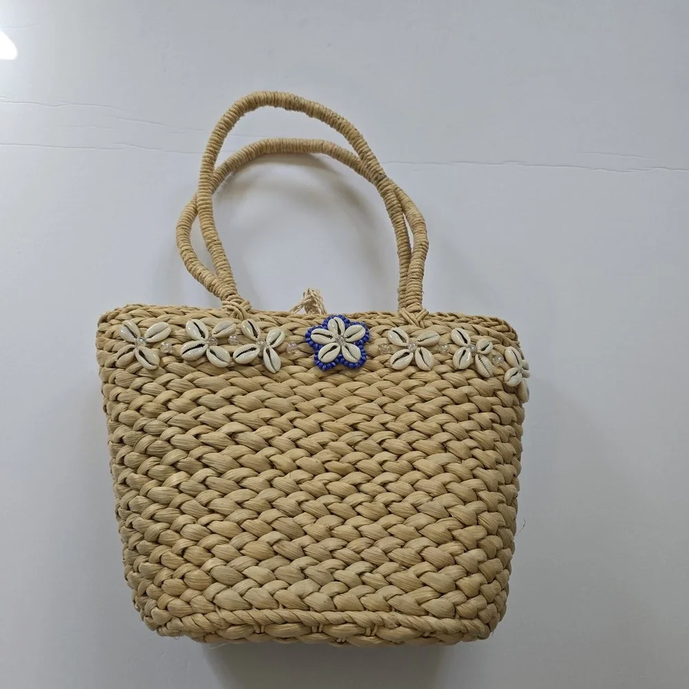 Straw Basket Tote Handbag Shells Lined Resort Golden Girls 80's Retro Beachy GUC